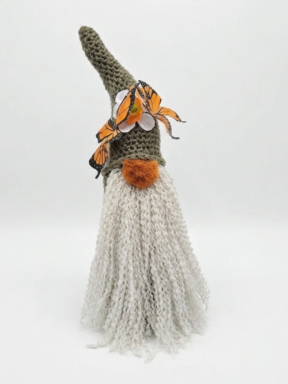 Handcrafted Garden Gnome with Olive Hat, Cream Beard & Orange Nose - Picture 2 of 7